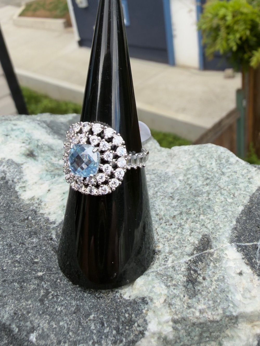 The Celeste Ring Aquamarine Cubic Zirconia Double Halo Statement Ring - Picture 7 of 10
